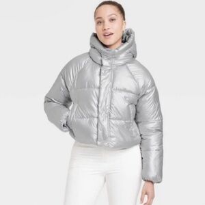 All in Motion Women's Cropped Wind Resistant Metallic Silver Puffer Jacket